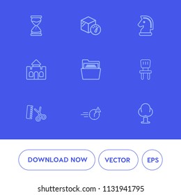 Modern, simple vector icon set on blue background with home, hour, environment, file, game, timer, hairdresser, folder, forest, hourglass, watch, late, nature, chess, medieval, chessboard, blank icons