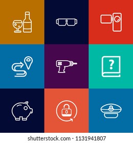 Modern, simple vector icon set on colorful flat backgrounds with hat, video, map, captain, sailor, wine, book, route, bank, camera, glasses, equipment, fashion, drill, security, navy, machine icons