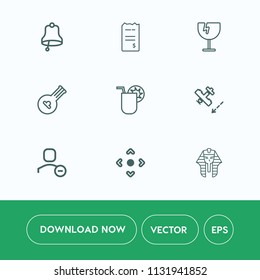 Modern, simple vector icon set on white background with plane, alarm, account, destruction, delete, user, pharaoh, pay, cocktail, culture, travel, bank, musical, arrow, crash, technology, ring icons
