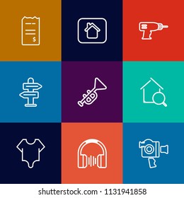 Modern, simple vector icon set on colorful flat backgrounds with video, arrow, girl, building, direction, payment, pay, money, new, camera, handle, financial, audio, bugle, online, equipment icons