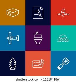 Modern, simple vector icon set on colorful flat backgrounds with furniture, paper, plane, cabinet, military, toilet, surfing, kitchen, sunrise, bank, credit, contract, money, document, file, war icons