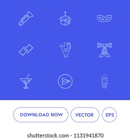 Modern, simple vector icon set on blue background with pottery, email, jug, jazz, unpacking, juice, home, orchestra, tower, music, instrument, decoration, glass, communication, internet, party icons