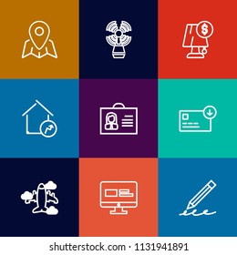 Modern, simple vector icon set on colorful flat backgrounds with interior, person, bag, flight, pin, tower, pencil, business, money, profile, modern, woman, property, pen, beacon, internet, sea icons