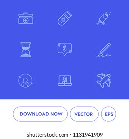 Modern, simple vector icon set on blue background with help, music, telescope, call, clock, plane, quality, square, technology, box, hourglass, storage, emergency, airplane, first, education icons