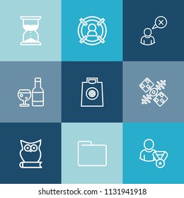 Modern, simple vector icon set on colorful blue backgrounds with time, customer, timer, red, communication, owl, retail, concept, gift, marketing, bird, space, countdown, minute, management, web icons