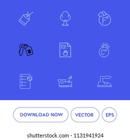 Modern, simple vector icon set on blue background with travel, door, market, element, shopping, weather, railway, domestic, clothes, checklist, train, transportation, forest, landscape, tree icons