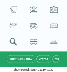 Modern, simple vector icon set on white background with conference, presentation, meeting, document, id, tipper, queen, dump, business, card, identity, hat, personal, head, name, transport, cap icons