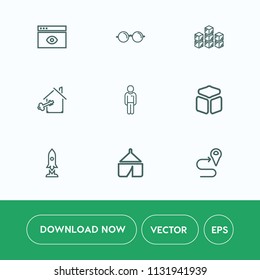 Modern, simple vector icon set on white background with home, internet, map, template, key, web, man, eyeglasses, space, eyesight, warehouse, page, sight, eye, storehouse, lens, spaceship, camp icons