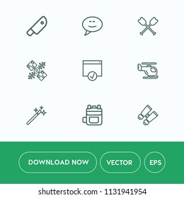 Modern, simple vector icon set on white background with kitchen, canoe, backpack, satellite, paddle, spy, modern, wizard, black, space, magician, transportation, rucksack, global, technology icons