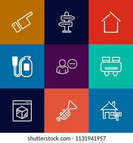 Modern, simple vector icon set on colorful flat backgrounds with delivery, internet, construction, search, watch, human, estate, real, emergency, architecture, equipment, jazz, bugle, male, fire icons