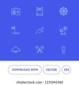 Modern, simple vector icon set on blue background with wheel, ocean, internet, london, oar, animal, bird, baja, mexico, female, construction, social, palm, rudder, equipment, male, summer, tree icons