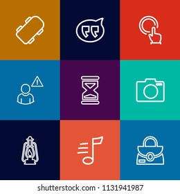 Modern, simple vector icon set on colorful flat backgrounds with technology, board, lamp, speech, communication, object, timer, sound, online, metal, vintage, time, profile, music, touch, street icons