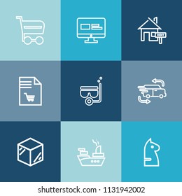 Modern, simple vector icon set on colorful blue backgrounds with property, snorkel, template, box, rent, notebook, internet, trolley, summer, chessboard, transportation, delivery, shop, home icons