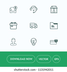 Modern, simple vector icon set on white background with ribbon, bank, box, customer, support, energy, paper, center, price, couch, modern, home, interior, coin, cash, profile, computer, building icons