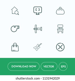 Modern, simple vector icon set on white background with music, home, monitor, guitar, business, style, room, white, bag, referee, airplane, military, house, internet, online, cancel, computer icons