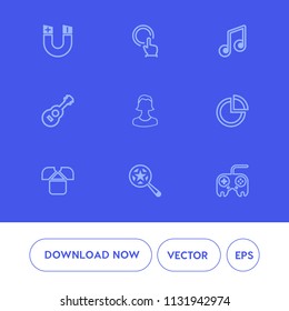 Modern, simple vector icon set on blue background with profile, hand, clef, button, rock, push, magnifying, north, touch, human, concert, melody, pie, science, shirt, magnet, press, guitar, note icons