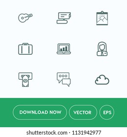 Modern, simple vector icon set on white background with machine, job, baggage, cash, graphic, video, security, camera, road, tv, laptop, luggage, guitar, finance, speech, screen, frame, business icons