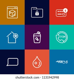 Modern, simple vector icon set on colorful flat backgrounds with service, freight, business, delivery, support, sack, internet, security, strike, drink, bag, juice, apartment, liquid, folder icons