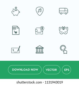 Modern, simple vector icon set on white background with transportation, nature, button, musical, music, interior, market, coin, hand, banking, sign, business, finger, insect, shopping, tourism icons