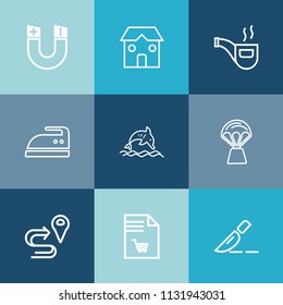 Modern, simple vector icon set on colorful blue backgrounds with wildlife, balloon, air, industry, north, location, road, route, vintage, iron, construction, clothes, animal, education, magnetic icons