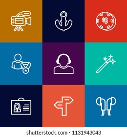 Modern, simple vector icon set on colorful flat backgrounds with sound, casino, internet, travel, center, professional, tripod, microphone, anchor, magician, arrow, video, way, movie, technology icons