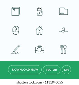 Modern, simple vector icon set on white background with mineral, technology, film, restaurant, architecture, computer, spoon, hand, equipment, sea, estate, ingredient, business, kitchen, file icons