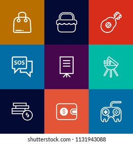 Modern, simple vector icon set on colorful flat backgrounds with money, bank, sos, danger, gift, retail, purse, grass, paper, food, finance, guitar, arrow, summer, bbq, cooking, fashion, web icons