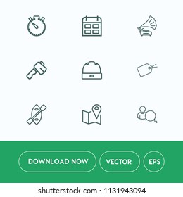 Modern, simple vector icon set on white background with paddle, screwdriver, timer, player, pin, minute, hammer, canoe, schedule, water, online, boat, day, retro, tool, gramophone, date, web icons