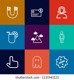 Modern, simple vector icon set on colorful flat backgrounds with blue, girl, man, lady, bank, education, nature, halloween, summer, ghost, drink, money, juice, cocktail, credit, woman, boy, sign icons