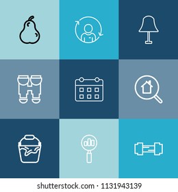 Modern, simple vector icon set on colorful blue backgrounds with handle, interior, healthy, food, sport, light, green, quality, vision, calendar, profile, day, search, pear, person, fruit, view icons