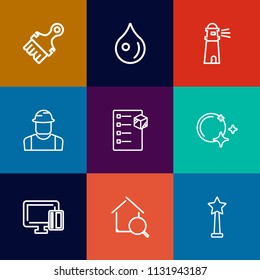 Modern, simple vector icon set on colorful flat backgrounds with light, abstract, home, paintbrush, sky, builder, element, night, grunge, drop, payment, moon, box, credit, person, liquid, online icons