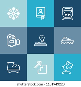 Modern, simple vector icon set on colorful blue backgrounds with technology, transport, sign, downstairs, transportation, leisure, web, train, boat, home, button, up, navigation, notebook, book icons