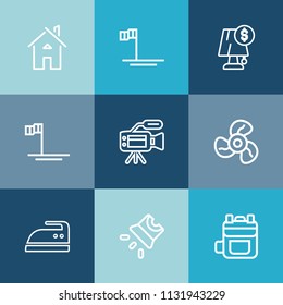 Modern, simple vector icon set on colorful blue backgrounds with beach, bag, illumination, property, ocean, lens, estate, blue, interior, projection, projector, tripod, cortes, ironing, baja icons