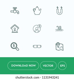 Modern, simple vector icon set on white background with science, swimming, bird, plumbing, hot, map, blue, home, concept, tea, fashion, road, pole, metal, water, location, bathroom, glasses, sun icons