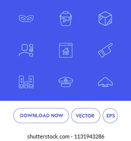 Modern, simple vector icon set on blue background with party, parachuting, costume, parachute, task, office, cap, audio, box, jump, people, house, navy, carnival, extreme, mask, container, sound icons