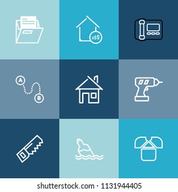 Modern, simple vector icon set on colorful blue backgrounds with water, hammer, telephone, housing, clean, price, work, house, position, travel, bottle, saw, real, folder, business, drink, drill icons
