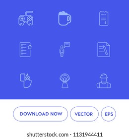 Modern, simple vector icon set on blue background with money, computer, caffeine, cup, construction, worker, house, lighter, espresso, paper, bill, travel, air, object, person, drink, office icons