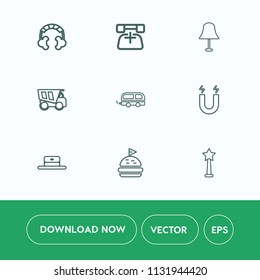 Modern, simple vector icon set on white background with contact, bus, transportation, equipment, lunch, call, technology, dump, music, modern, truck, vehicle, electricity, dumper, success, sound icons