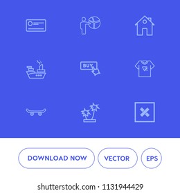 Modern, simple vector icon set on blue background with house, cheque, seminar, finance, war, closed, banking, bank, businessman, skater, money, sea, typography, presentation, business, cash, buy icons