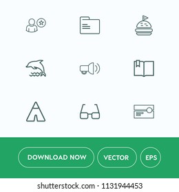 Modern, simple vector icon set on white background with travel, social, click, empty, eye, paper, eyeglasses, file, office, wildlife, blank, open, lunch, dolphin, food, technology, animal, music icons