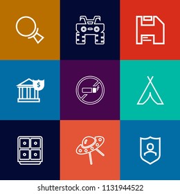 Modern, simple vector icon set on colorful flat backgrounds with wheel, technology, protection, disk, outdoor, no, ufo, extreme, quad, atv, business, magnifying, money, look, space, road, camp icons