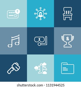 Modern, simple vector icon set on colorful blue backgrounds with cash, coin, place, sea, screen, travel, office, aircraft, airplane, blank, glass, axe, white, music, diving, winner, room, folder icons