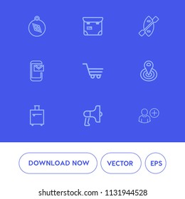Modern, simple vector icon set on blue background with loudspeaker, suitcase, water, speaker, user, person, megaphone, cycle, east, west, radius, shop, boat, travel, sign, pass, people, pretty icons