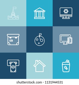 Modern, simple vector icon set on colorful blue backgrounds with architecture, medieval, shopping, bank, mobile, pretty, juice, credit, setting, computer, space, atm, europe, tower, greek, phone icons