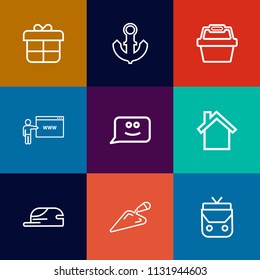 Modern, simple vector icon set on colorful flat backgrounds with telephone, market, web, equipment, gift, shovel, construction, nautical, christmas, bag, hat, internet, celebration, store, ship icons
