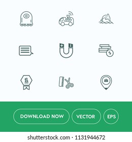 Modern, simple vector icon set on white background with wildlife, cartoon, nature, professional, alien, place, road, satellite, achievement, work, eye, coin, character, navigation, salon, car icons