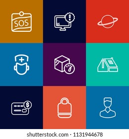 Modern, simple vector icon set on colorful flat backgrounds with internet, orbit, object, style, roof, label, technology, monitor, astronomy, credit, warning, bag, package, button, medicine, sos icons