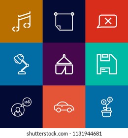 Modern, simple vector icon set on colorful flat backgrounds with computer, lamp, freelance, adventure, nature, closed, investment, web, business, graphic, note, music, tent, diskette, taxi, tree icons