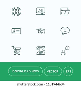 Modern, simple vector icon set on white background with trolley, identification, vintage, rubbish, aircraft, camera, bubble, cancel, shop, remote, cart, identity, school, retail, player, online icons