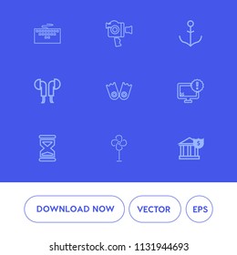 Modern, simple vector icon set on blue background with rudder, timer, sea, sport, air, internet, desktop, video, cooler, fan, film, flipper, music, headset, digital, money, work, helm, web, lens icons